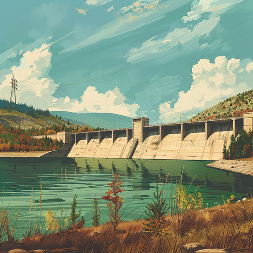 Realistic-style dam clipart with random flat background, vintage filter and delicate lines