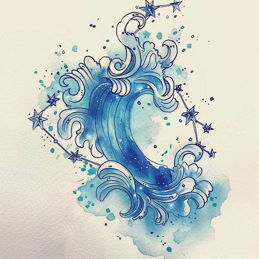 Artistic flat tattoo sketch of the Aquarius constellation with watercolor splashes representing waves
