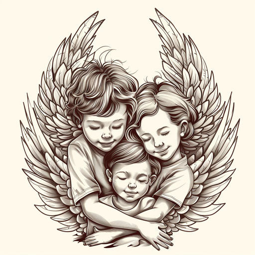 Tattoo of three children for mothers with angel wings