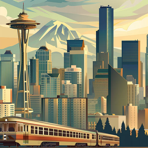 Seattle city skyline with Space Needle and Mount Rainier in background