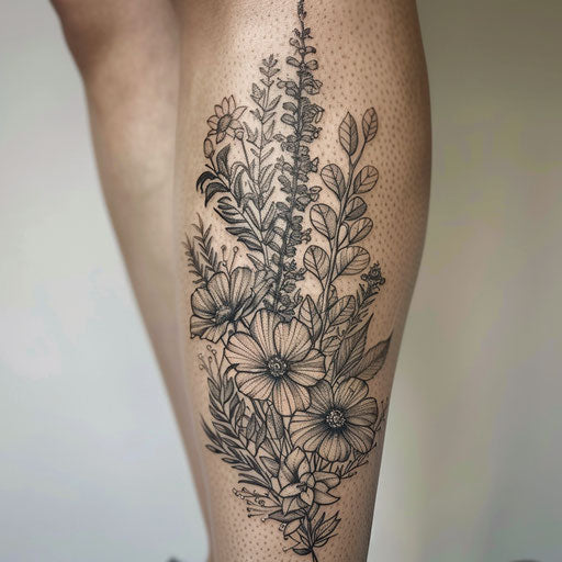 Black and grey wildflower tattoo, realistic shading, intricate details