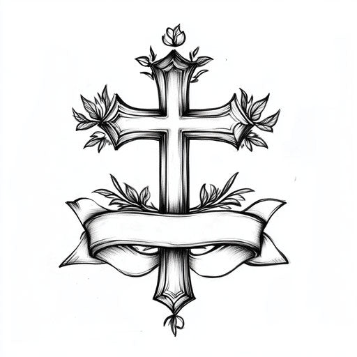 Simple tattoo for men with cross and banner