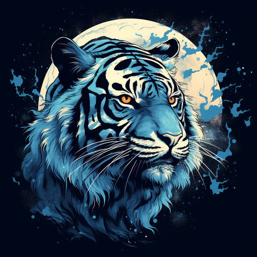 Cosmic tiger head on dark blue background, detailed illustration
