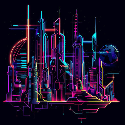 Flat tattoo sketch of a futuristic cityscape in neon glow clipart style