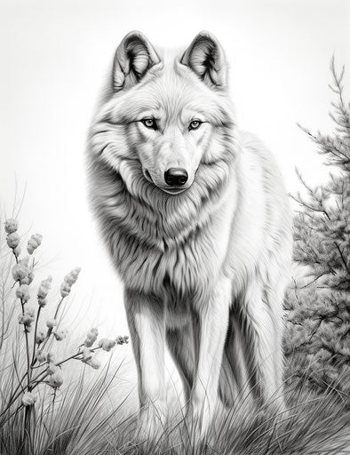 Polar wolf drawing by person ooh, in the style of Nikon AF600, Nikon L35AF, black and white 24:31