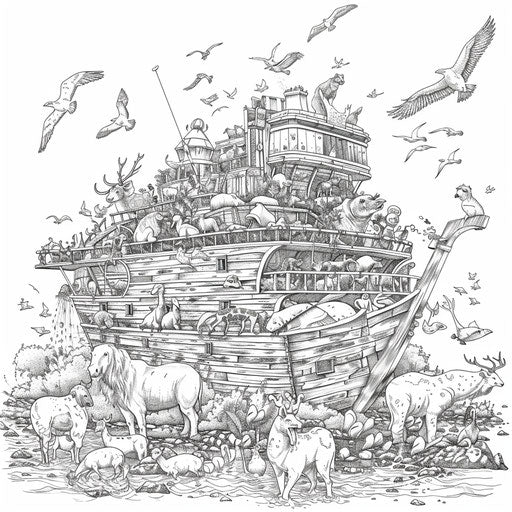 Noah's Ark with a variety of animals and detailed surroundings, Gennady Spirin style, coloring book page