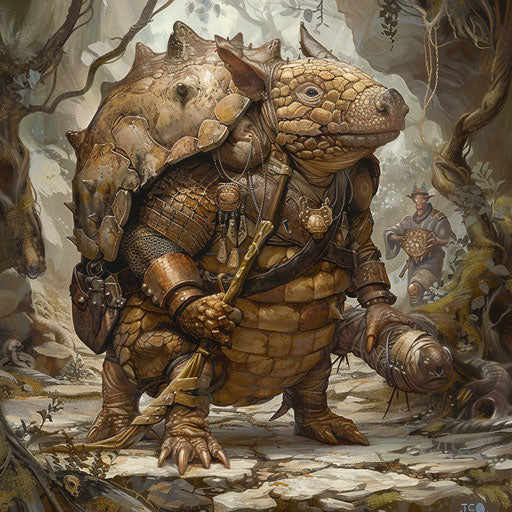 A fantastic armadillo companion on a quest with elves and dwarves
