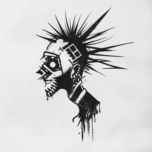 Stylized sketch of shrunken head with geometric patterns