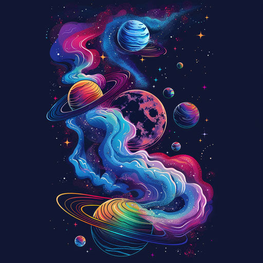 Celestial tattoo of planets orbiting in vibrant night sky