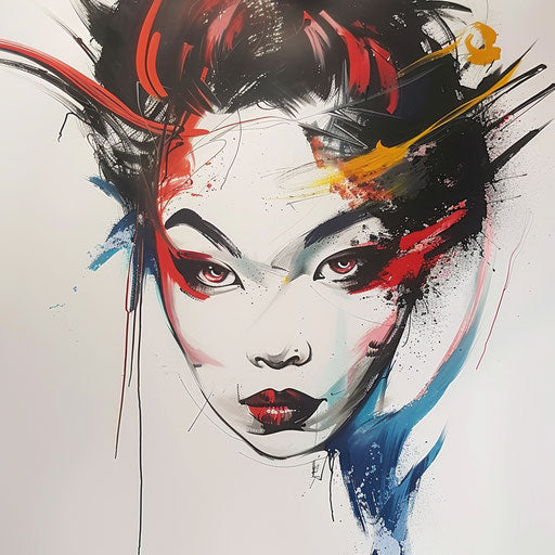 Abstract expressionist geisha tattoo with dynamic brush strokes and explosive colors on clean white canvas