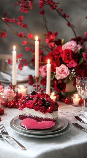 Romantic Valentine's Day table setting with heart-shaped cake, flowers, and candles