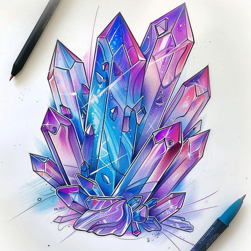 Flat tattoo sketch inspired by fantasy of a magical crystal with sparkling effects and iridescent colors