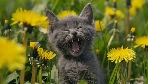 Gray kitten yawning in dandelion in green grass