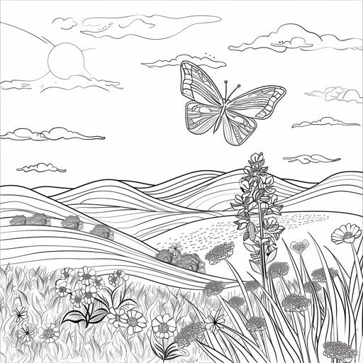 Butterfly over rolling meadow. Coloring book page