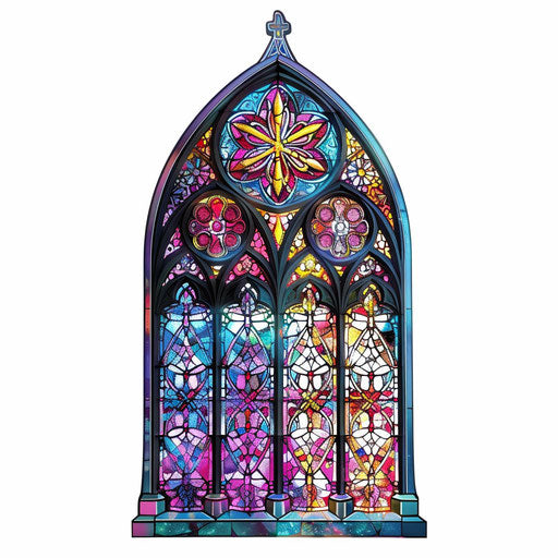 Gothic cathedral window with jewel tones on white