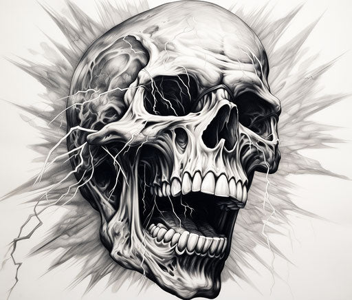 Skull surrounded by lightning bolts, black and white drawing
