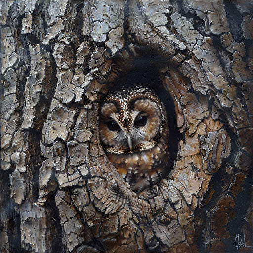 Northern spotted owl blending into the bark of an old tree