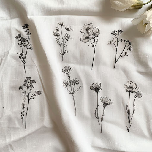 Delicate and minimalistic wildflower tattoos on white canvas