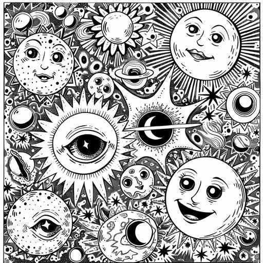 Cosmic emojis with planetary and star patterns, in Jen Bartel style