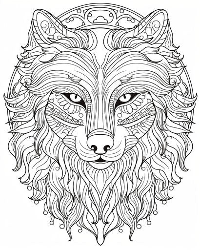 Tribal print of wolf on moon, tangled forms, hand-drawn