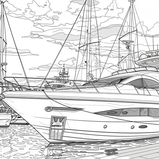 A luxury yacht in a marina. Coloring book page
