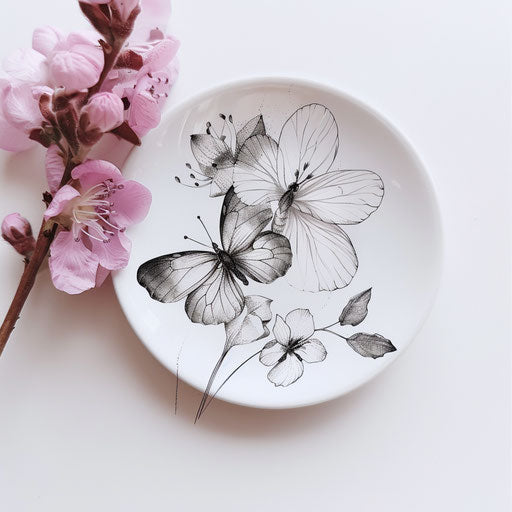 Fine line butterfly and minimalist floral design, elegant tattoo art, on a pristine white surface