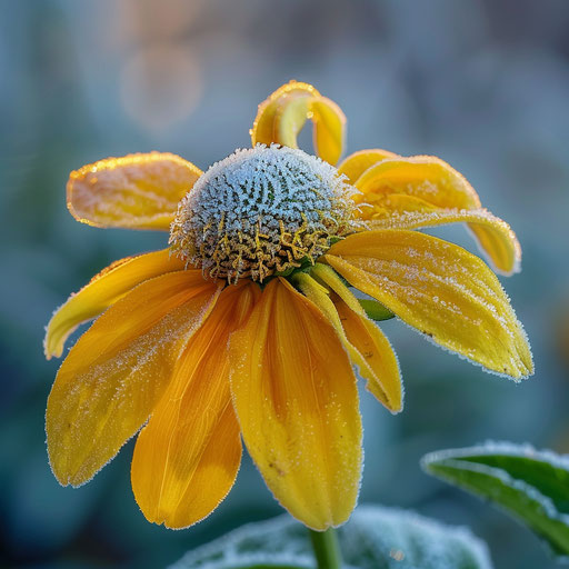 A frost-kissed yellow coneflower on an early autumn morning, showcasing the beauty of changing seasons.