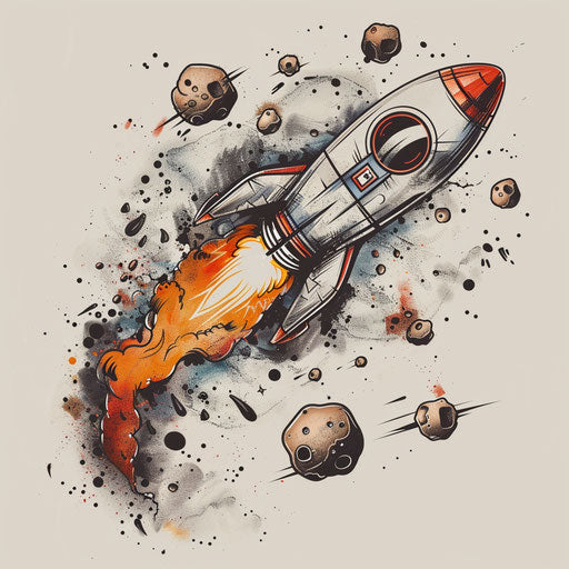 Flat tattoo sketch of a daring rocket ride through an asteroid belt, grey and rust colors, clipart style