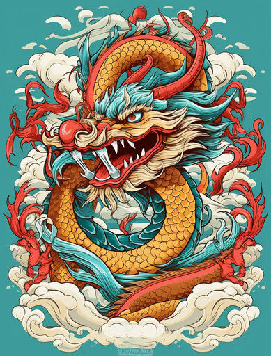 Fantasy dragon in dark red and aquamarine, multilayered realism