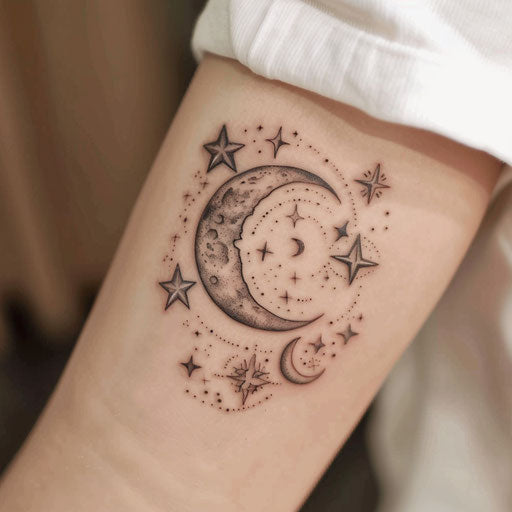 Korean celestial bodies tattoo, moon and stars traditional style