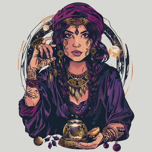 Flat tattoo sketch of gypsy fortune teller with mystical symbols