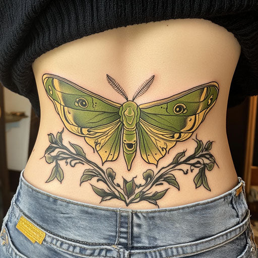 Luna moth tattoo in the style of Gerald Brom on lower back