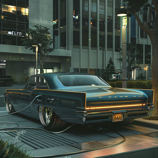Electric 1967 Chevy Bel Air with futuristic design charging at urban station