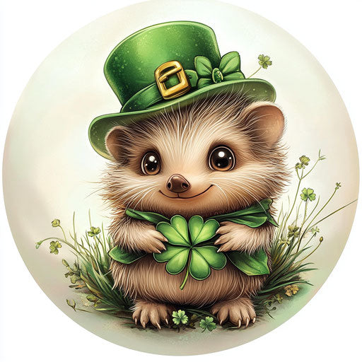 St. Patrick's Day, cute baby hedgehog dressed in green with clover and leprechaun hat