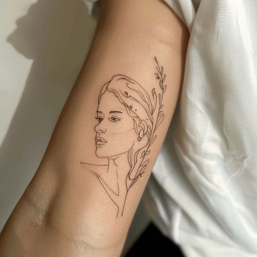 Minimalist line art of Persephone, simple contours on white