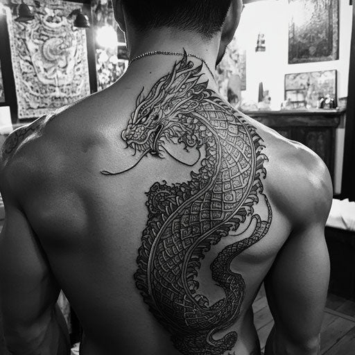 Sak yant tattoo with Naga serpent and intricate patterns