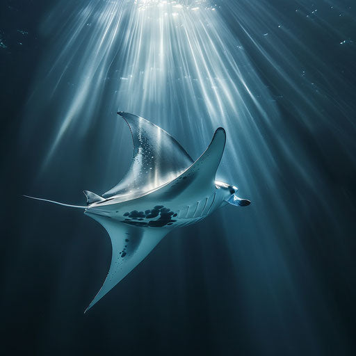 Manta ray swimming gracefully with sunlight in the water