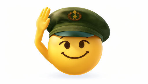 Yellow smiling emoji in army green beret saluting