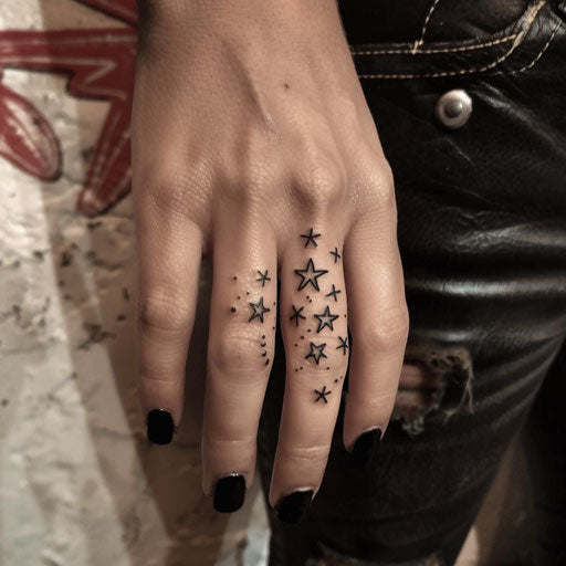 Finger tattoos for women in the style of Ami James featuring minimalist stars
