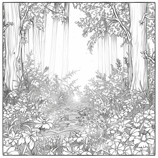Forest clearing filled with wildflowers and soft dappled sunlight. Coloring book page