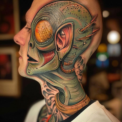 Side neck tattoos with an alien, in the style of Humberto Ramos