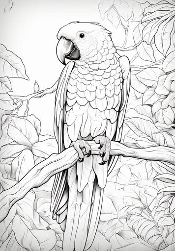 A parrot coloring page and branches, realistic style
