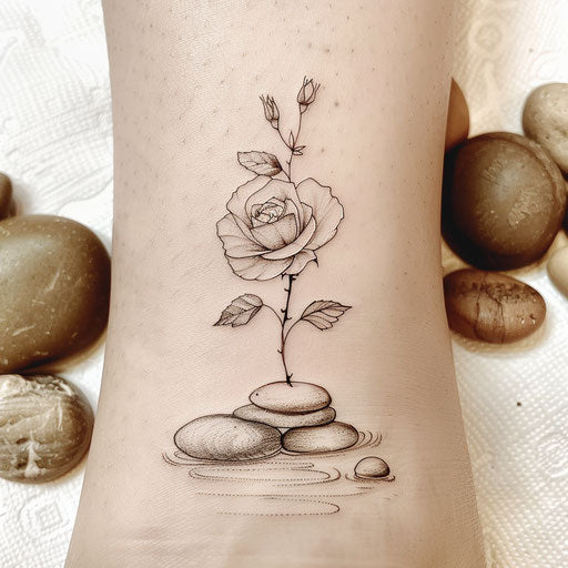 Serene sketch of flat tattoo of a rose in peaceful Zen garden with stones