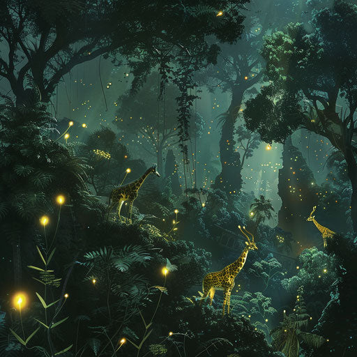 Ethereal forest with bioluminescent plants and glowing gazelles