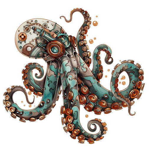 Nostalgic flat tattoo sketch of a steampunk octopus