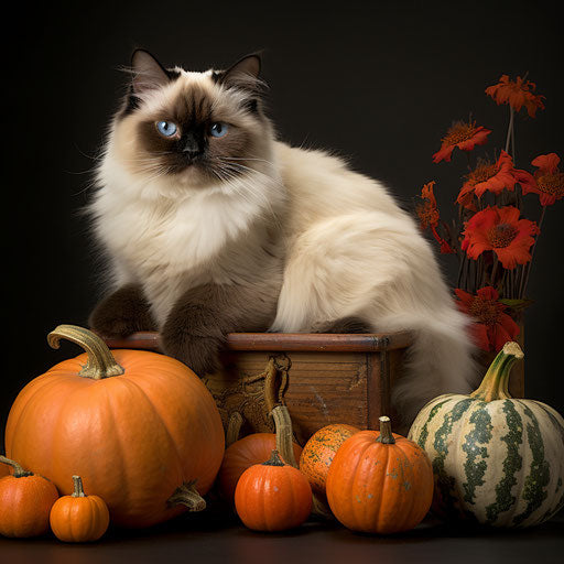 Himalayan cat resting with pumpkins