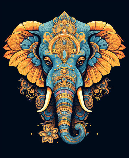 Expressive elephant on blue background, classical symmetry