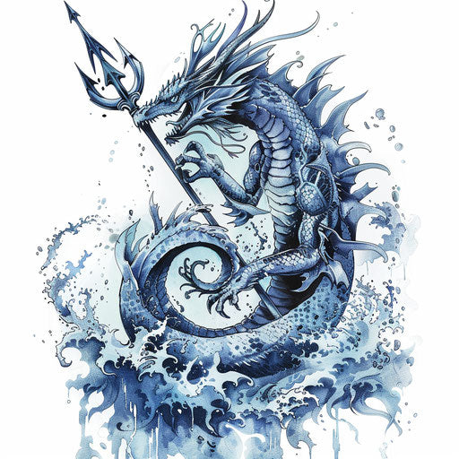 Mythical sea dragon coiled around trident, merging fantasy and maritime