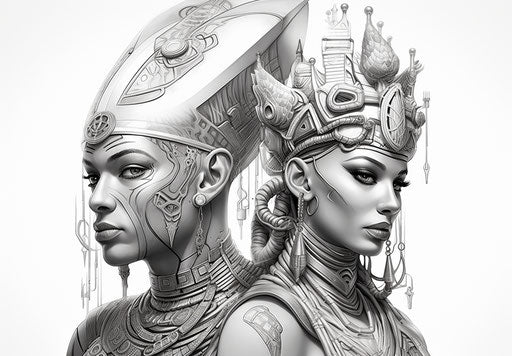 Tattoo of an Egyptian man and woman, light black and white style