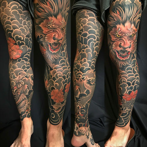Lion tattoos for men with Japanese influences, in the style of Ami James